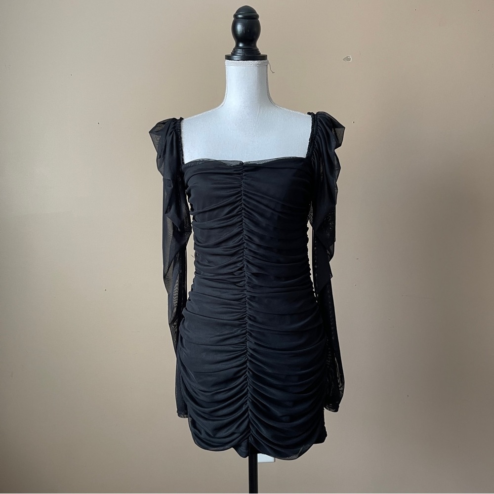 MISSGUIDED | Black Ruched Mesh Long Sleeve Mini Dress Sz 12 - Picture 2 of 7